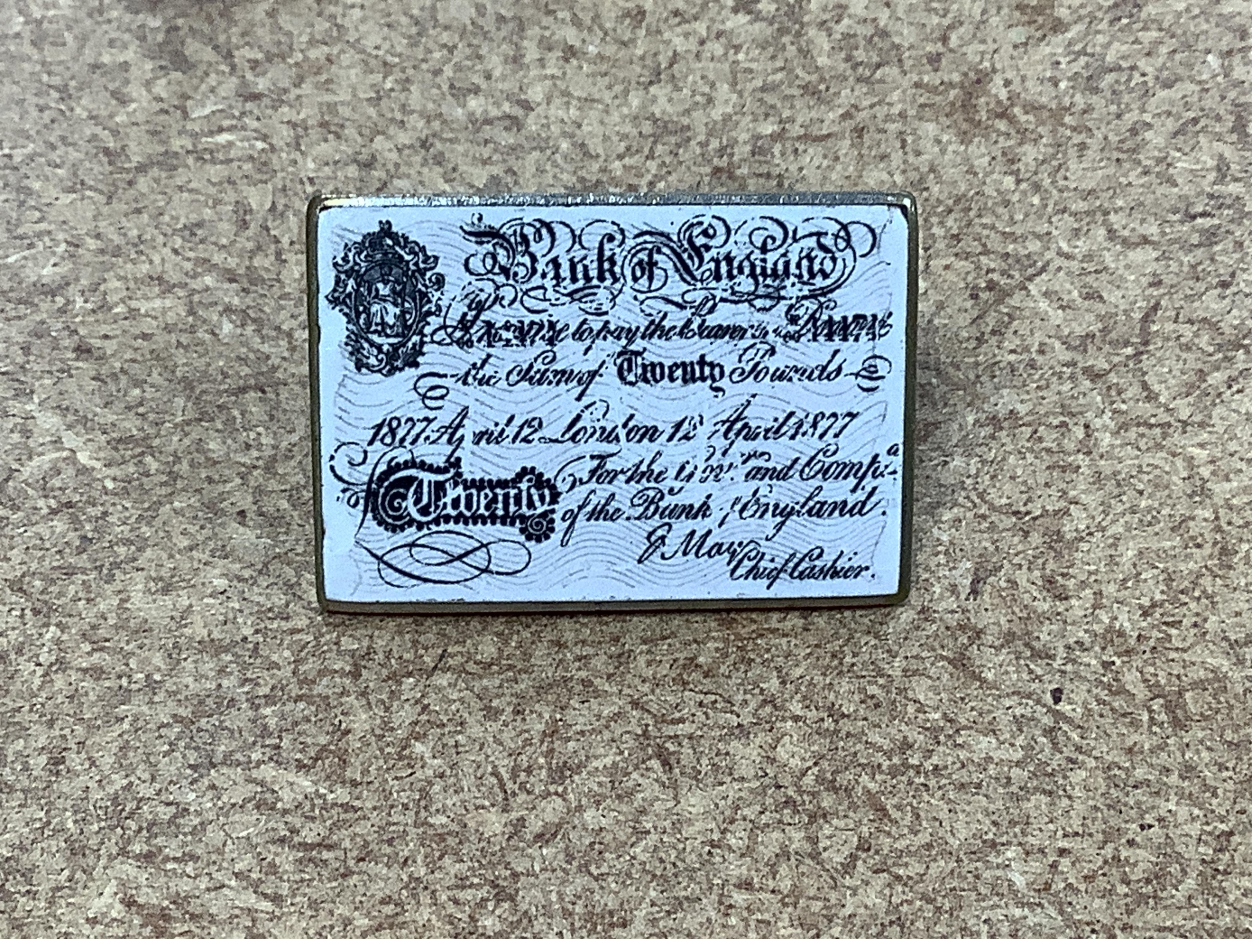 A rare Bank of England '£20 note' enamel badge, 29mm, three pairs of silver cufflinks and a quantity of assorted costume jewellery Condition - poor to fair